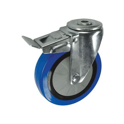 Light Duty/Medium Duty, Castor, 100mm, Braked, Swivel, Bolt Hole, Rubber, Blue