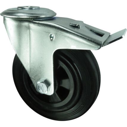 Medium Duty, Castor, 125mm, Braked, Swivel, Bolt Hole, Rubber, Black