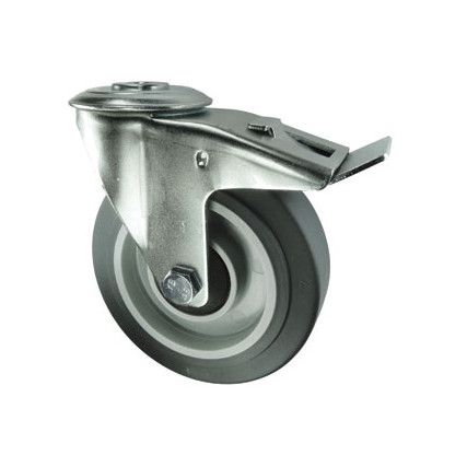 Medium Duty, Castor, 125mm, Braked, Swivel, Bolt Hole, Rubber, Grey