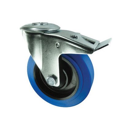 Medium Duty, Castor, 100mm, Braked, Swivel, Bolt Hole, Rubber, Blue