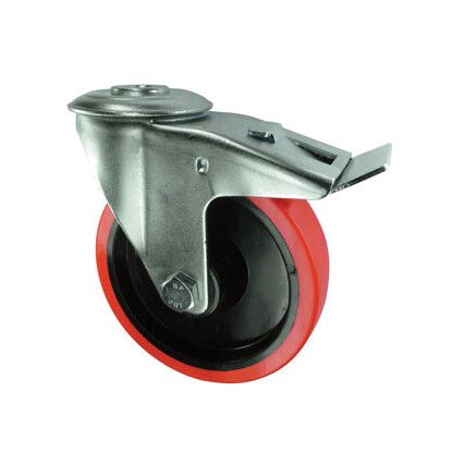 Medium Duty, Castor, 80mm, Braked, Swivel, Bolt Hole, Polyurethane, Red