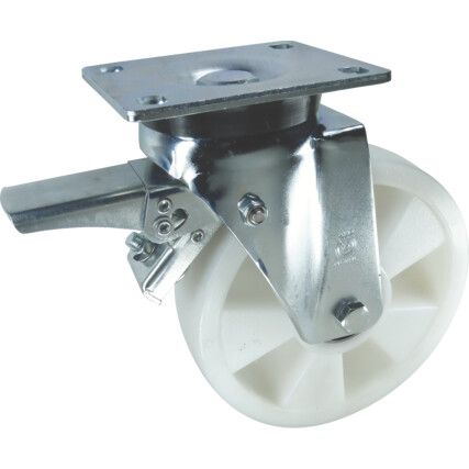 Heavy Duty, Castor, 200mm, Braked, Swivel, Top Plate, Nylon, White