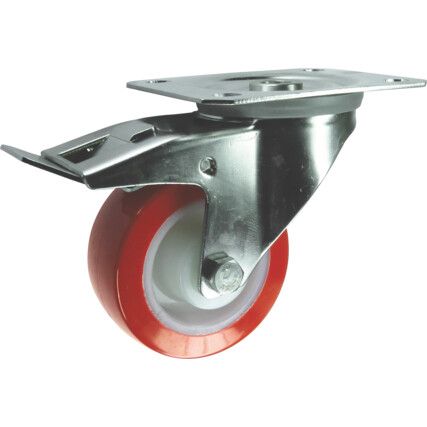 Castor, 80mm, Braked, Swivel, Top Plate, Polyurethane, Orange