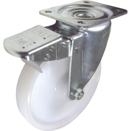 Medium Duty/Heavy Duty, Castor, 100mm, Braked, Swivel, Top Plate, Nylon, White