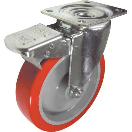 Medium Duty/Heavy Duty, Castor, 125mm, Braked, Swivel, Top Plate, Polyurethane, Red