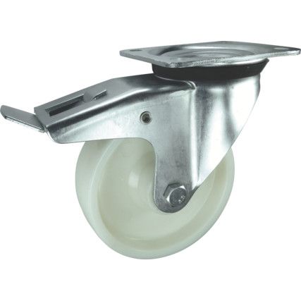 Medium Duty/Heavy Duty, Castor, 100mm, Braked, Swivel, Top Plate, Nylon, White