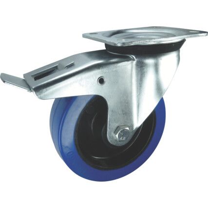 Medium Duty/Heavy Duty, Castor, 100mm, Braked, Swivel, Top Plate, Rubber, Blue