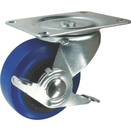 Medium Duty, Castor, 100mm, Braked, Swivel, Top Plate, Rubber, Blue