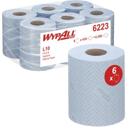 Wypall L10, Centrefeed, Blue, 1ply, 430 sheets per roll, 6 rolls per case