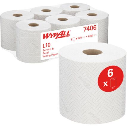 Wypall L10, Centrefeed, White, 1 ply, 500 sheets per roll, 6 rolls per case