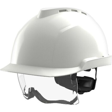 V-GARD 930 Non-Vented Safety Helmet with FAS-TRAC III Straps and Integrated Eye Protection, White