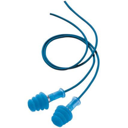 Fusion, Reusable Ear Plugs, Corded, Detectable, Triple Flange, 28dB, Blue, Plastic, Pk-50 Pairs