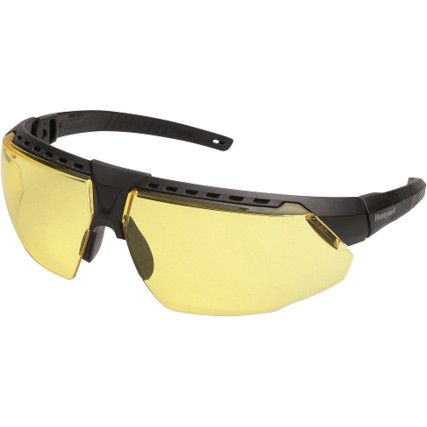 Safety Glasses, Amber Lens, Wraparound, Black Frame, Anti-Fog/Scratch-resistant