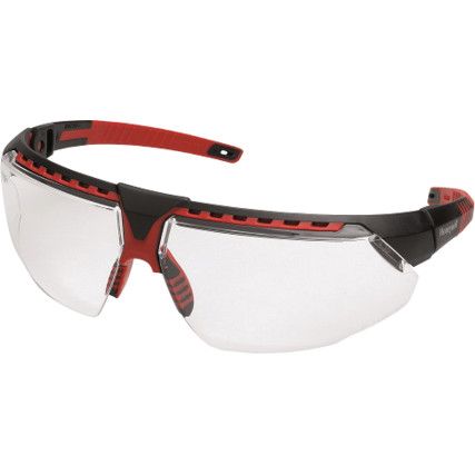 Safety Glasses, Clear Lens, Wraparound, Black/Red Frame, Anti-Fog/Scratch-resistant