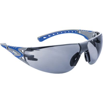 Safety Glasses, Grey Lens, Wraparound, Blue/Grey Frame, Impact-resistant/Solar Filter/UV-resistant