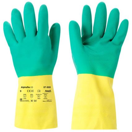 Alphatec® 87-900 Mechanical Hazard Gloves, Green/Yellow, Cotton Liner, Latex Coating, EN388: 2016, 2, 1, 2, X, A, Size L