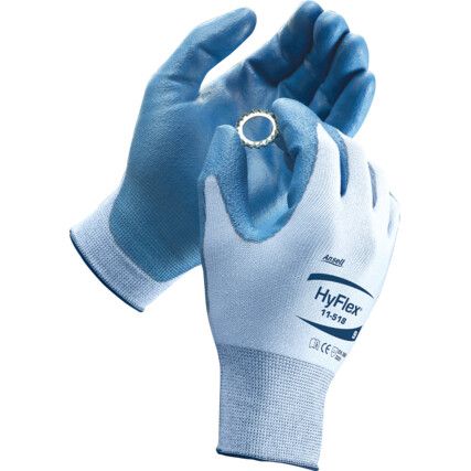 11-518 HyFlex Cut Resistant Gloves, Blue/White, EN388: 2016, 3, X, 3, 1, B, PU Palm, Dyneema/Nylon/Spandex, Vend Pack, Size 10