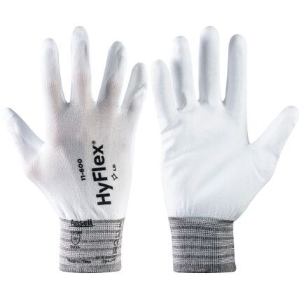 11-600 HyFlex® Mechanical Hazard Gloves, White, Nylon Liner, Polyurethane Coating, EN388: 2016, 3, 1, 2, 1, A, Size 8