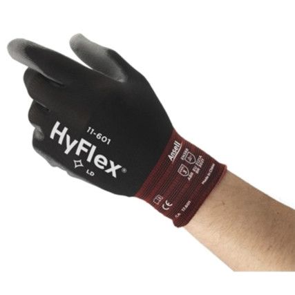 11-601 HyFlex® Mechanical Hazard Gloves, Black/Grey, Nylon Liner, Polyurethane Coating, EN388: 2016, 3, 1, 2, 1, A, Size 10