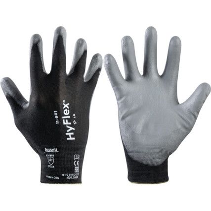 11-601 HyFlex® Mechanical Hazard Gloves, Black/Grey, Nylon Liner, Polyurethane Coating, EN388: 2016, 3, 1, 2, 1, A, Size 8