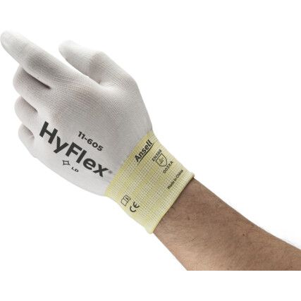 11-605 HyFlex® Mechanical Hazard Gloves, White, Nylon Liner, Polyurethane Coating, EN388: 2016, 0, 0, 3, X, A, Size 9