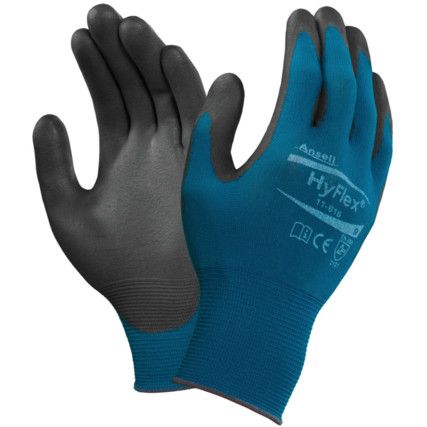 11-616 HyFlex® Mechanical Hazard Gloves, Black/Blue, Nylon Liner, Polyurethane Coating, EN388: 2016, 3, 1, 2, 1, X, Size 7