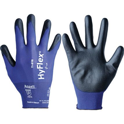 11-618 VP HyFlex® Ultralite Mechanical Hazard Gloves, Black, Nylon Liner, Polyurethane Coating, EN388: 2016, 3, 1, 2, 1, X, Size 9