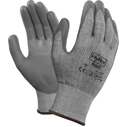 11-627 Cut Resistant Gloves, Grey, EN388: 2016, 4, 3, 4, 2, B, PU Palm, Cotton/Nylon, Size 6