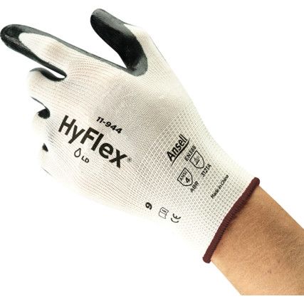 11-944 HyFlex®, Mechanical Hazard Gloves, Black/White, Nyon Liner, Nitrile Coating, EN88:2016, 3, 1, 2, 1, A, Size 10