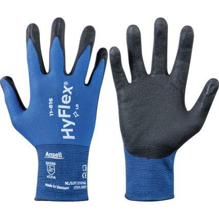 11-816 HyFlex® Mechanical Hazard Gloves, Black/Blue, Nylon/Spandex Liner, Nitrile Coating, EN388: 2016, 4, 1, 2, 1, A, Size 9