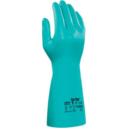 37-695 Solvex Chemical Resistant Gauntlet, Green, Nitrile, Cotton Flocked Liner, Size 10