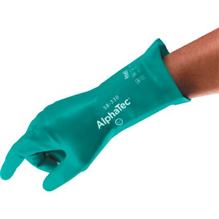 58-330 Alphatec Chemical Resistant Gauntlet, Green, Nitrile, Cotton Flocked Liner, Size 9