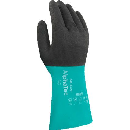 58-430 Alphatec Chemical Resistant Gauntlet, Black/Green, Nitrile, Cotton Flocked Liner, Size 8