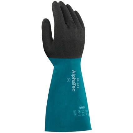 58-435 Alphatec Chemical Resistant Gauntlet, Black/Green, Nitrile, Cotton Flocked Liner, Size 9