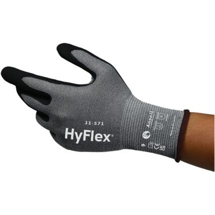 11-571 HyFlex® Cut Resistant Gloves, Nitrile Palm Coated, Black/Grey, Cut D, Size 5