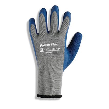 80-100 Powerflex Cut Resistant Gloves, Blue/Grey, Latex/Rubber Palm, Cotton/Polyester Liner, EN388: 2016, 2, 2, 4, 2, B, Size 10