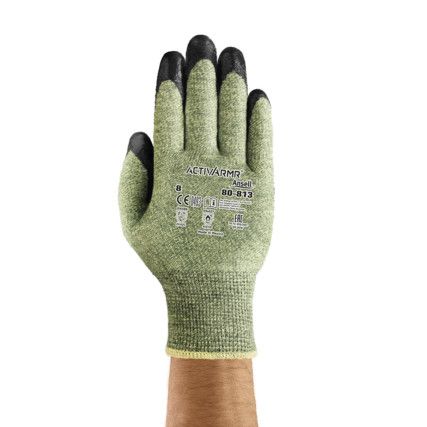 80-813 ActivArmr Cut & Heat Resistant Gloves, Black/Green, Kevlar, Neoprene Palm Coating, EN388: 2016, 2, X, 4, 2, C, Size 10