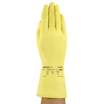 87-086 Alphatec Chemical Resistant Gloves, Yellow, Rubber, Cotton Flocked Liner, Size 9