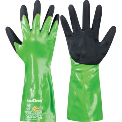 56-635 Maxichem, Chemical Resistant Gauntlet, Black/Green, NBR, Nylon Liner, Size 7