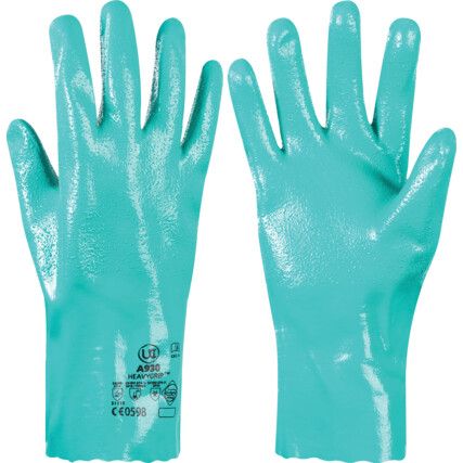 A930, Chemical Resistant Gauntlet, Green, Nitrile, Interlock Cotton Liner, Size 10