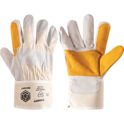 Rigger Gloves, White/Yellow, Leather Coating, EN388: 2003, 4, 2, 3, 4, Size 10