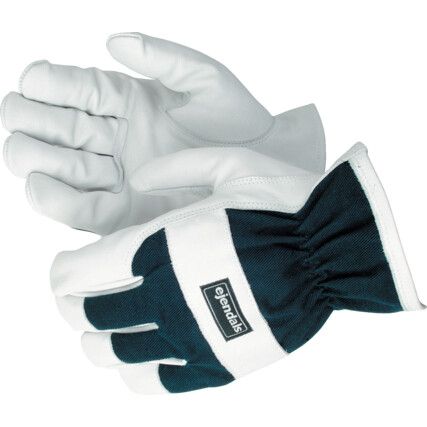 25, General Handling Gloves, Blue/White, Leather Coating, Cotton Liner, Size 9