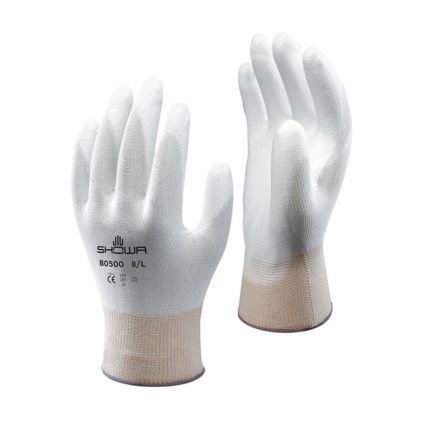 B0500, General Handling Gloves, White, Polyurethane Coating, Nylon Liner, Size 9