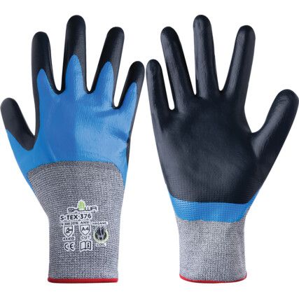 S-Tex, Cut Resistant Gloves, Black/Blue/Grey, EN388: 2016, 4, X, 4, 1, D, Nitrile Foam ¾ Coated, Hagane Coil®, Size 8