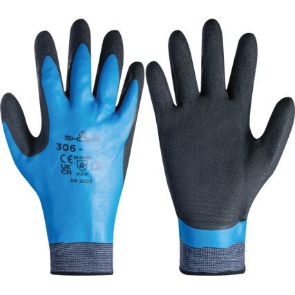 306 Mechanical Hazard Gloves, Black/Blue, Nylon/Polyester Liner, Latex Coating, EN388: 2016, 2, 1, 2, 1, X, Size 9