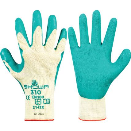 310 Mechanical Hazard Gloves, Green/Natural, Cotton Liner, Latex Coating, EN388: 2016, 2, 1, 4, 2, X, Size 8