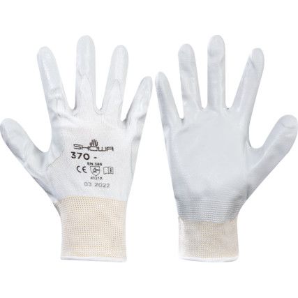 370 Mechanical Hazard Gloves, Grey/White, Nylon Liner, Nitrile Coating, EN388: 2016, 4, 1, 2, 1, X, Size 9