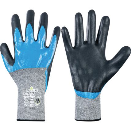 376 Mechanical Hazard Gloves, Black/Blue/Grey, Hagane Coil Liner, Nitrile Coating, EN388: 2016, 4, 1, 2, 1, X, Size 8