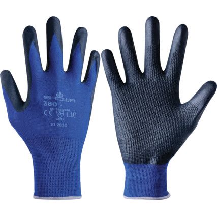 380 Mechanical Hazard Gloves, Black/Blue, Nylon Liner, Nitrile Foam Coating, EN388: 2016, 3, 1, 2, 1, X, Size 7