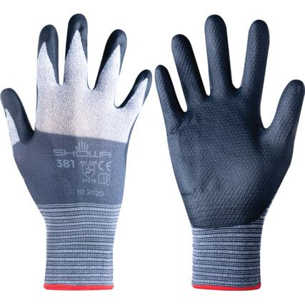 381 Mechanical Hazard Gloves, Black/Grey, Polyester/Spandex Liner, Nitrile Foam Coating, EN388: 2016, 4, 1, 2, 1, X, Size S